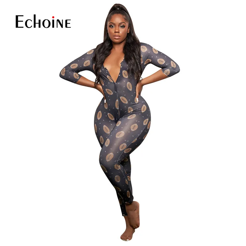 

Echoine New Women Print Zipper Up V-neck Long Sleeve Bodycon Jumpsuit Fashion Streetwear One Piece Overall Rompers Plus Size 5XL