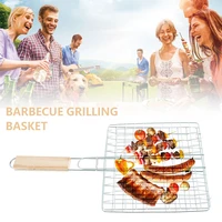 new non stick triple fish grilling basket wood handle outdoor bbq grilling fish rack barbecue tool fish grill net