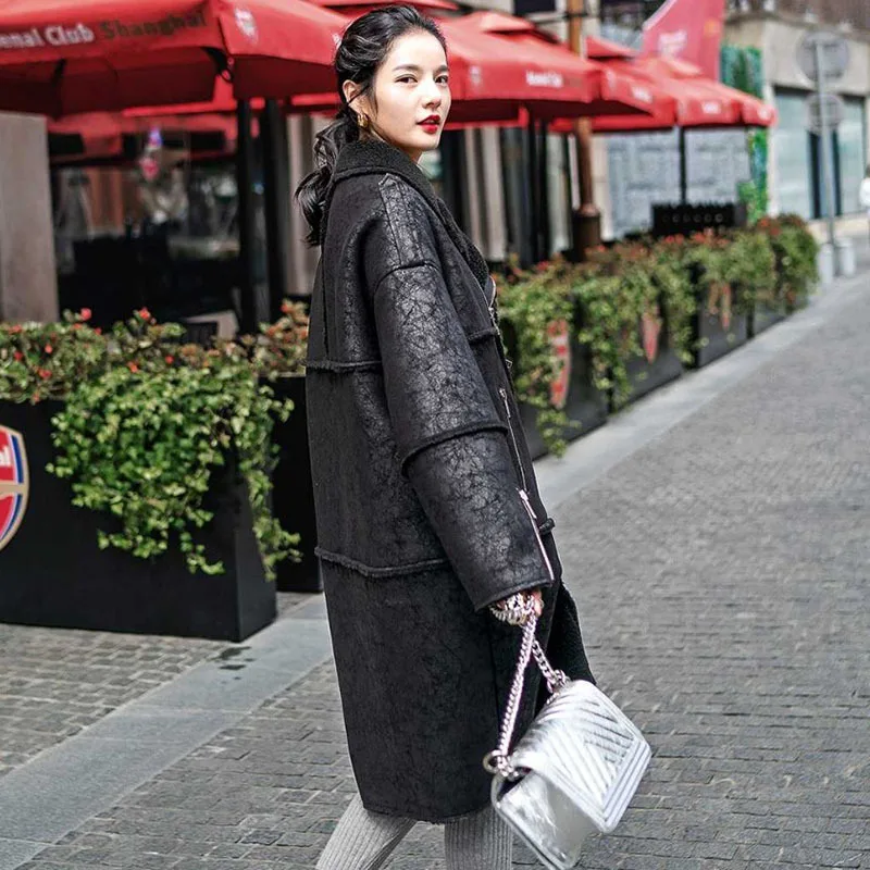 Зимнее пальто из искусственного меха женская черная длинная куртка овечьей