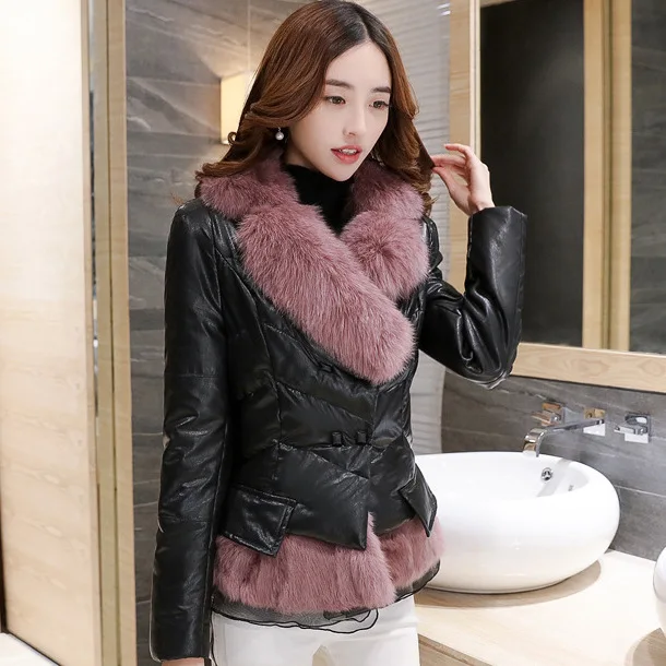 Leather jacket leather short jacket Ladies fashion lace-up waist coat Ladies elegant side pockets Faux fur fur collar coat women