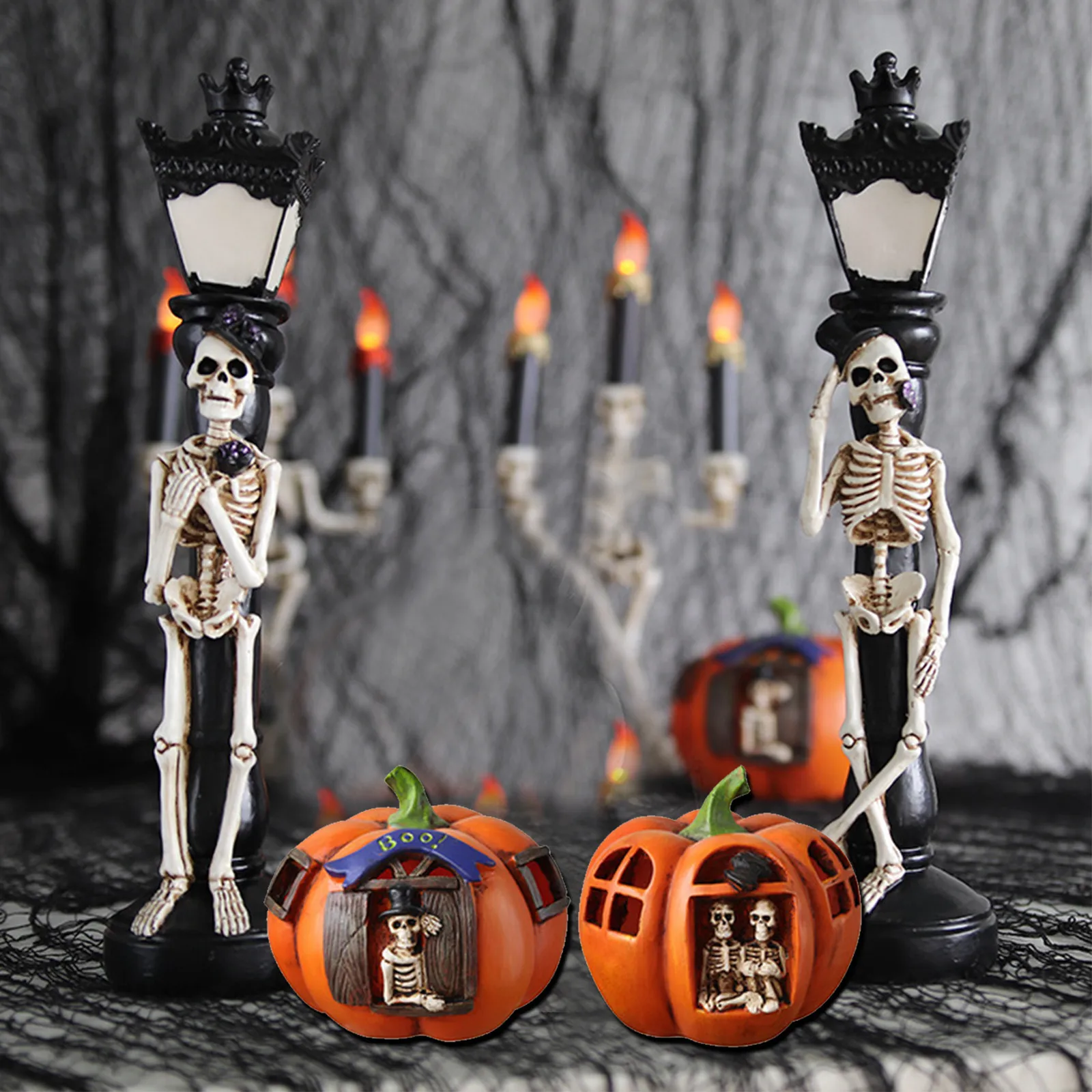 

Resin Set (a Pair Of Skull Street Lamps And Resin Skull Pumpkin Light ) Haunte House Ornaments Home Halloween Decor