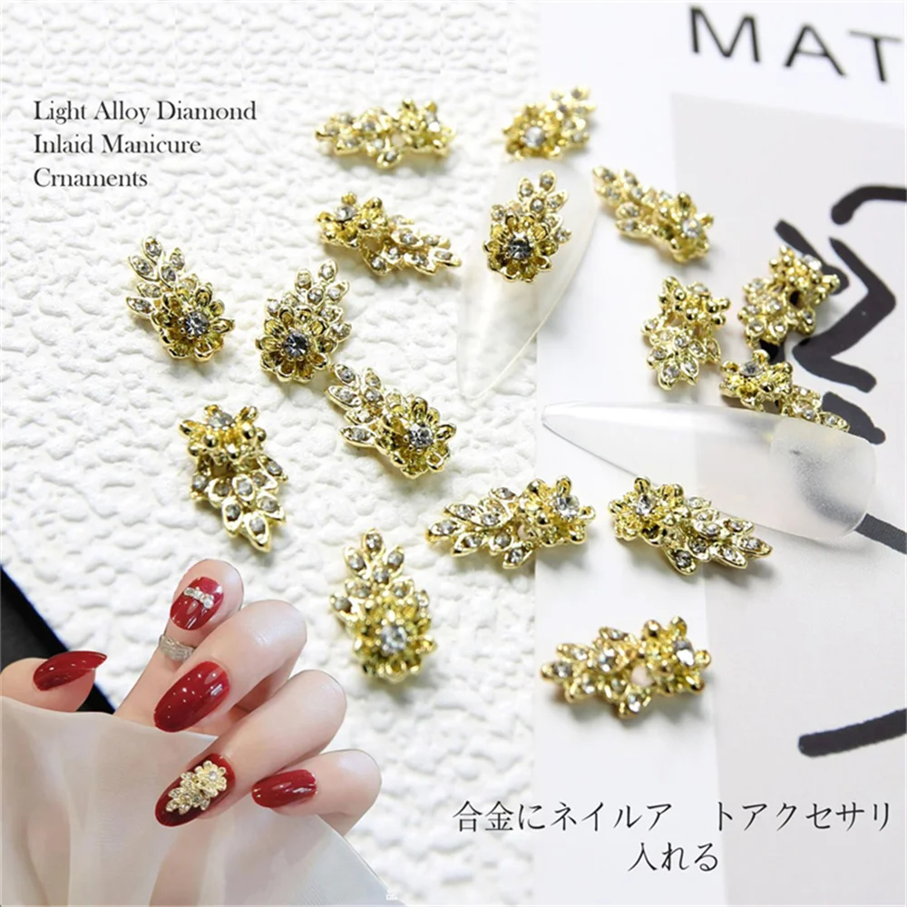 

10Pcs Blooming Flowers Golden Nail Art Charms Supplies 3D Metal Alloy Luxury Nail Diamond Jewelry Nails Rhinestones Accessories