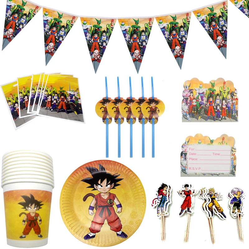 

84pcs/lot Son Goku Theme Cake Toppers Loot bags Birthday Party Plates Cups Straws Decorate Invitation Cards Boys Favors Banner