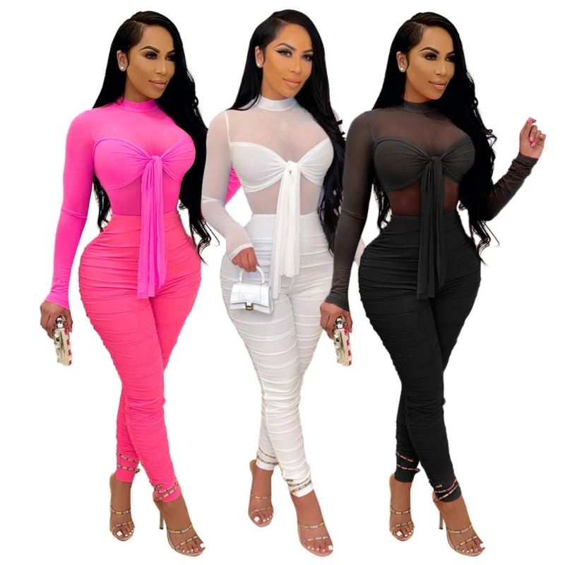 

Back Zip Long Sleeve Bandage Rompers Womens Jumpsuit Long Pants See Through Mesh Patchwork Bodycon Leotard Sexy Bow Wrinkle Slim