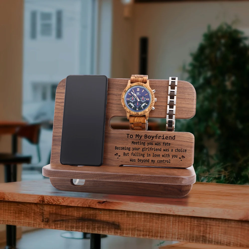 

Custom Engraved Cell Phone Stand Watch Holder Walnut Wooden Dock Organizer Wood Mobile Base Charging Docking Station Men Gift