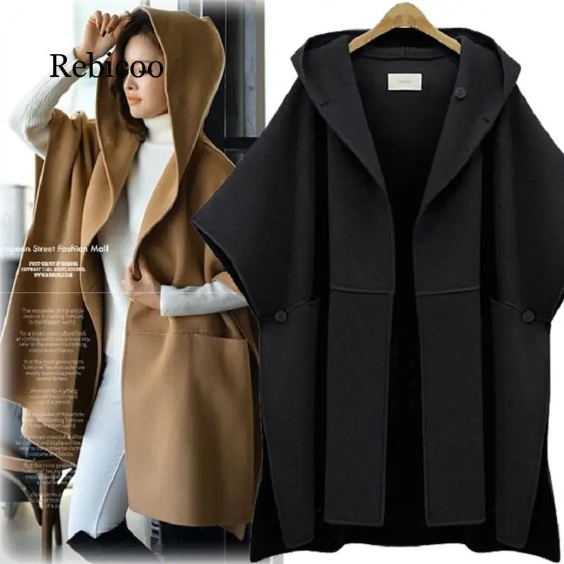 

2019 autumn and winter European and American foreign trade bat sleeve cloak woolen coat large size women's loose woolen coat
