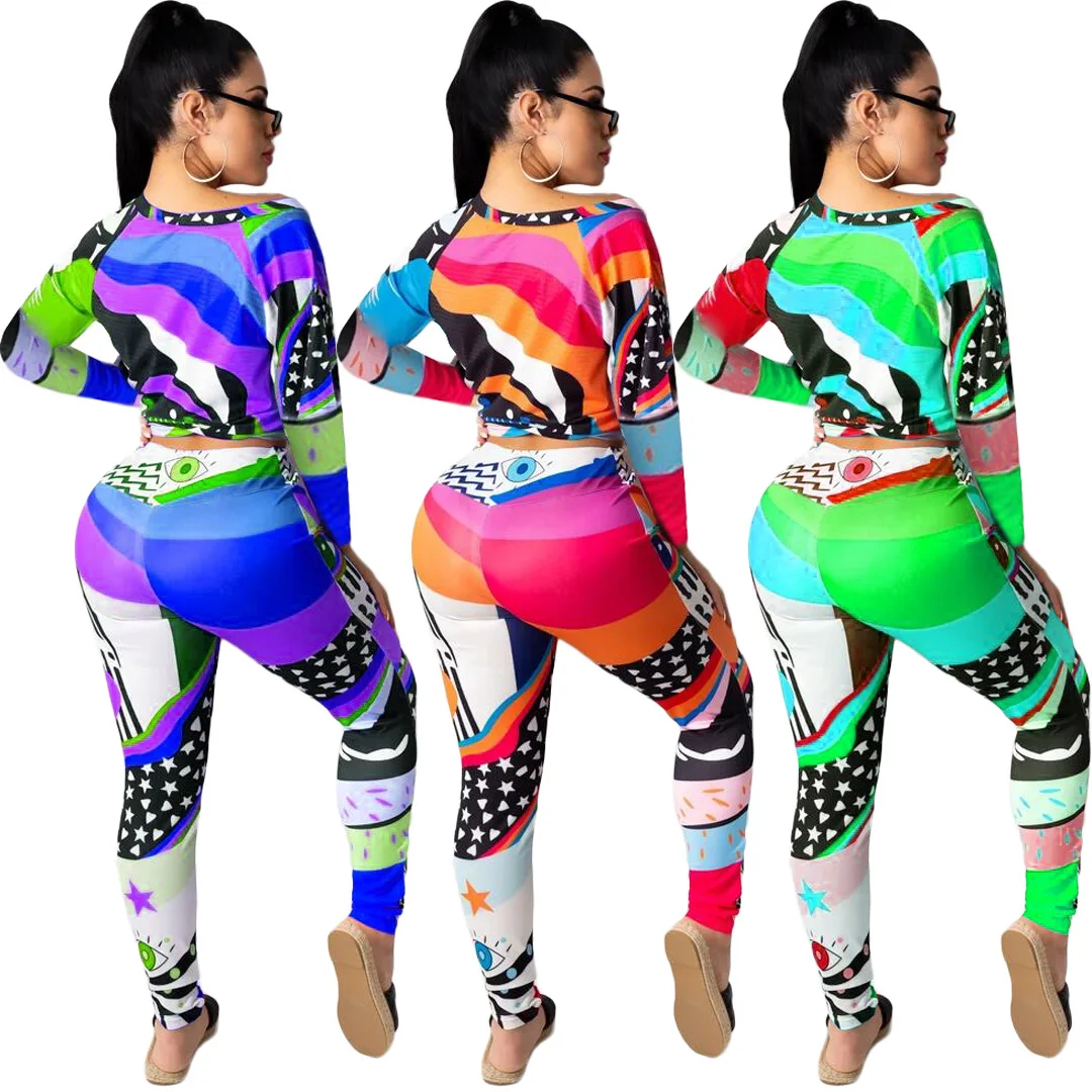 

Autumn Print Two Piece Set One Shoulder Long Sleeve Crop Top and Pants Jogger Sweatpants Suits Two Piece Outfits for Women