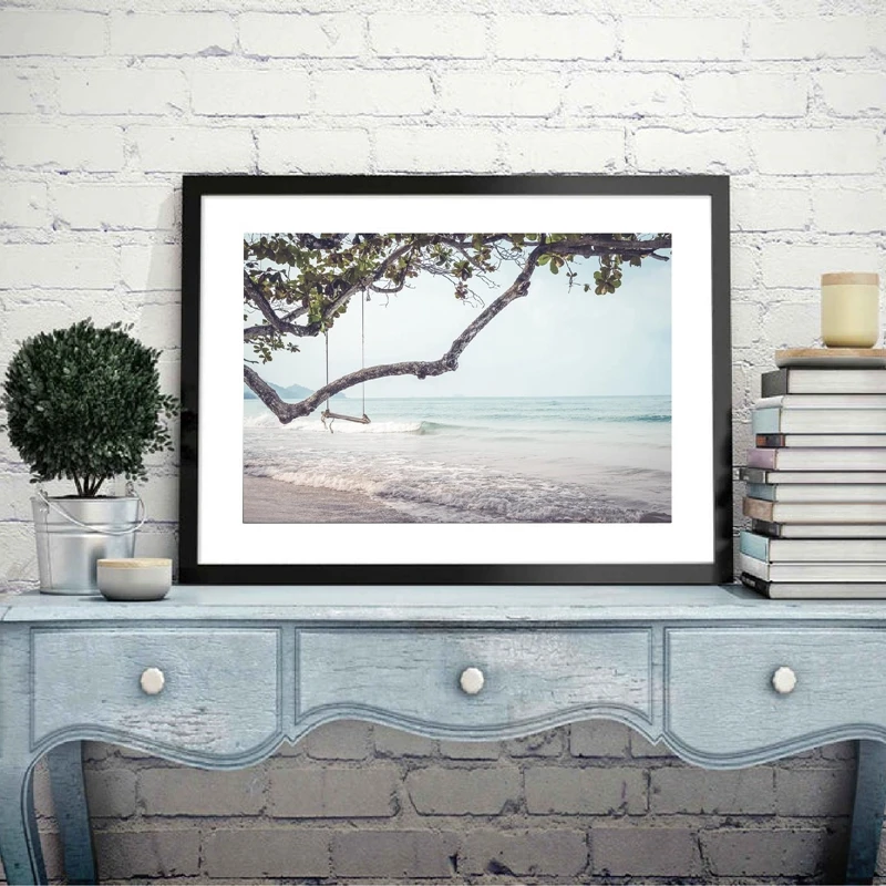 Пляжная качели черно-белая фотография постер Декор берега пляж море пейзаж