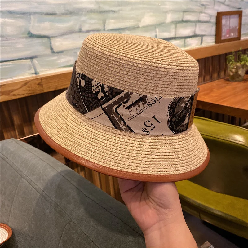 Sun Hats for Women Straw Ribbon Women Bucket Hat INS Summer Female Cap Visors Wide Brim Flat Top Beach Hat for Lady 2021 New