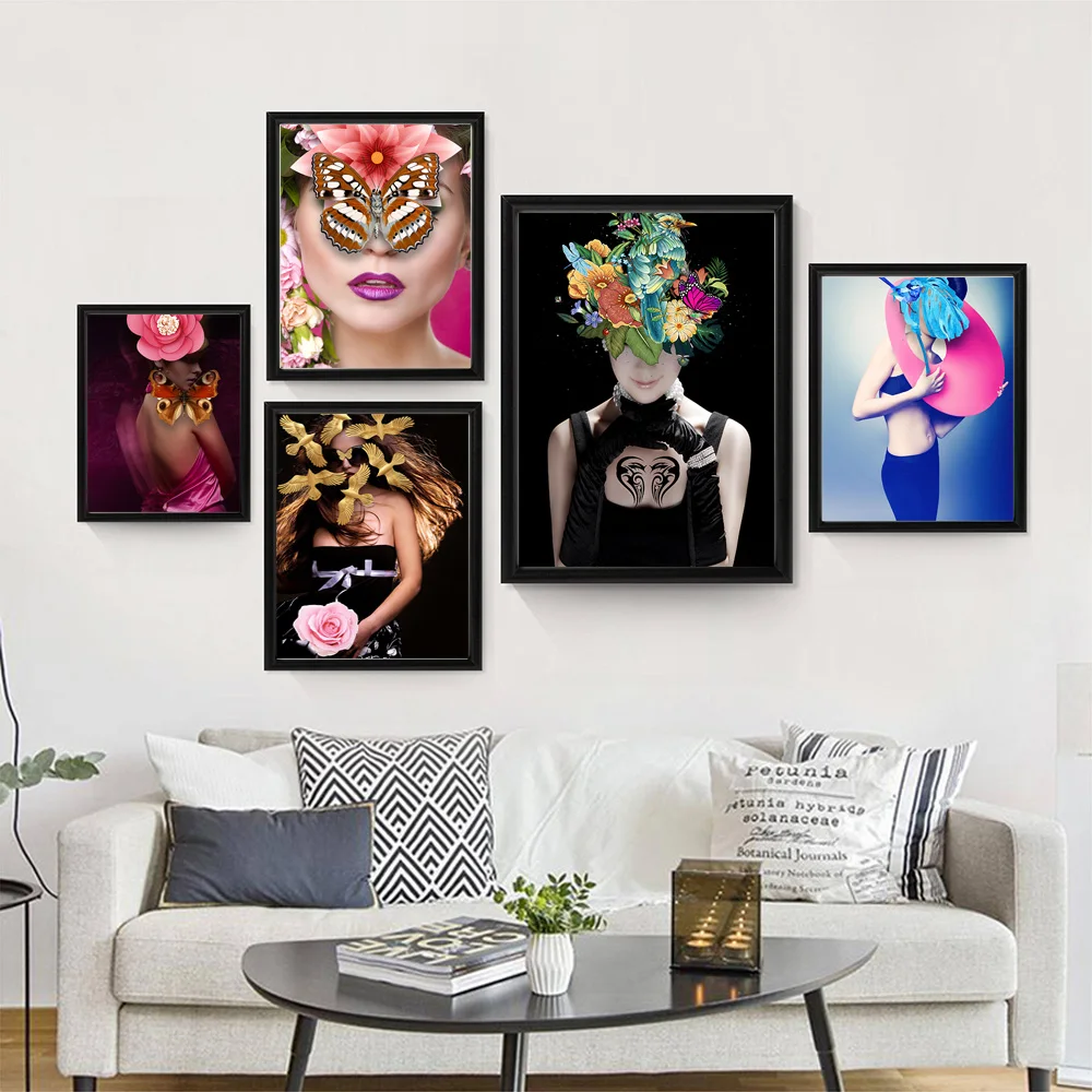 

Modern Figure Lady Mask Head Flower Picture Home Decor Nordic Wall Art Canvas Painting Posters and Prints Decor for Bedroom Room