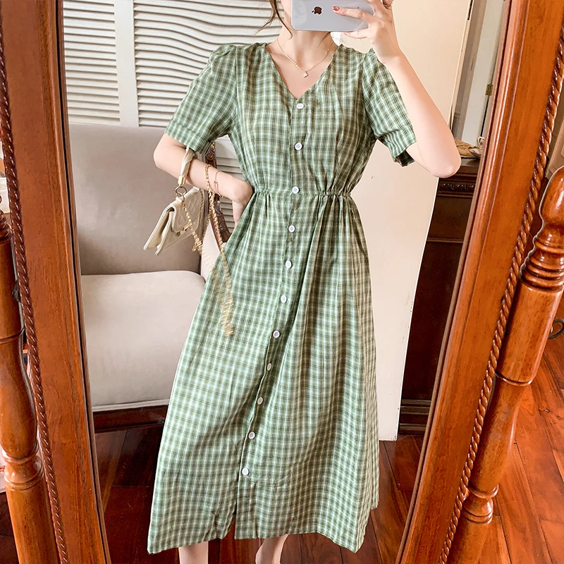 

Make spot summer fresh grid short sleeve v-neck dress female French small skirt dress