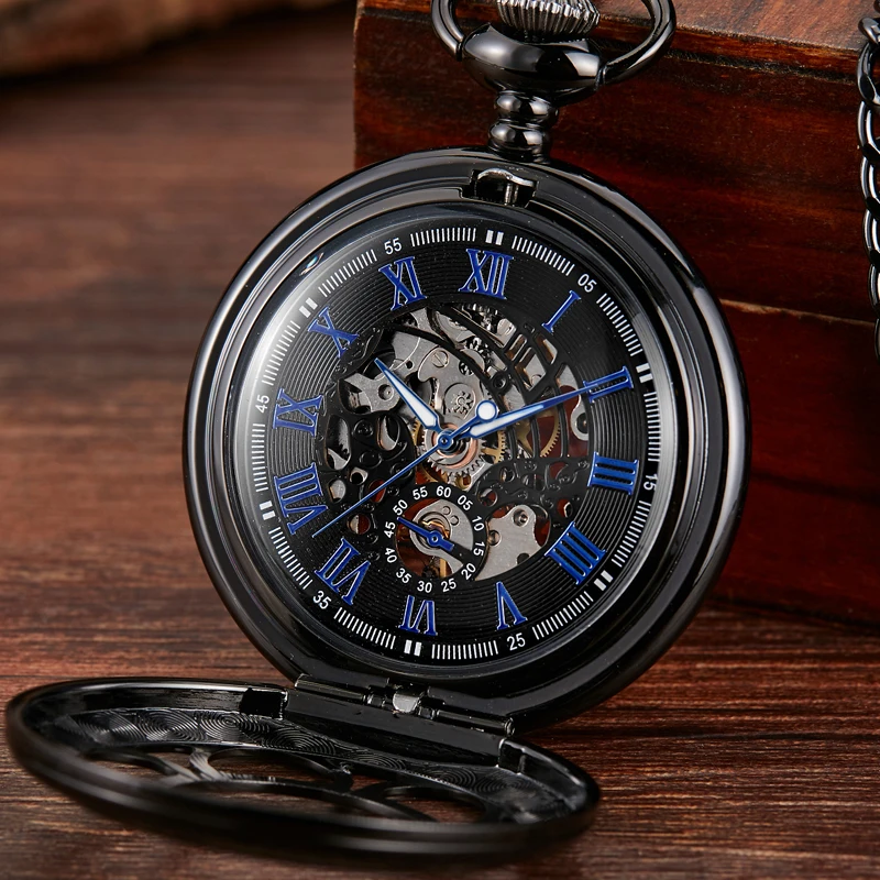 Retro Flower Hollow Skeleton Automatic Mechanical Pocket Watch Mens Fob Chain Steel Exquisite Sculpture Women Roman Numerals