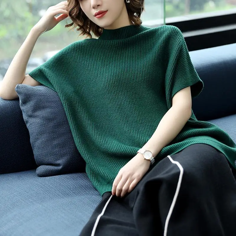 

Short-sleeved Simple Style Knitted Sweater Women Loose Bat Sleeves Without Decoration Ribbed Solid Jumpers Pullover Spring