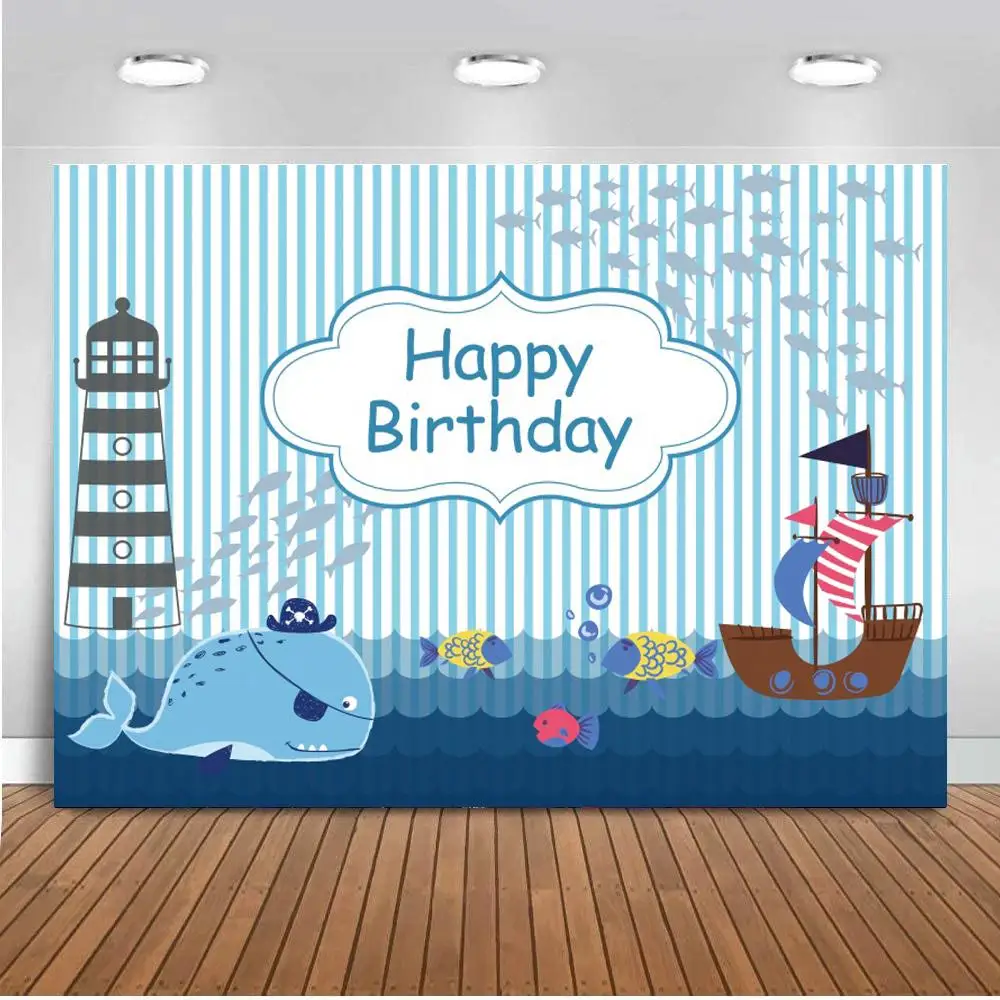 

Декорации для вечеринки в честь Дня Рождения с изображением пиратского корабля синего Кита в море фоны для фотографирования маленьких рыб ...
