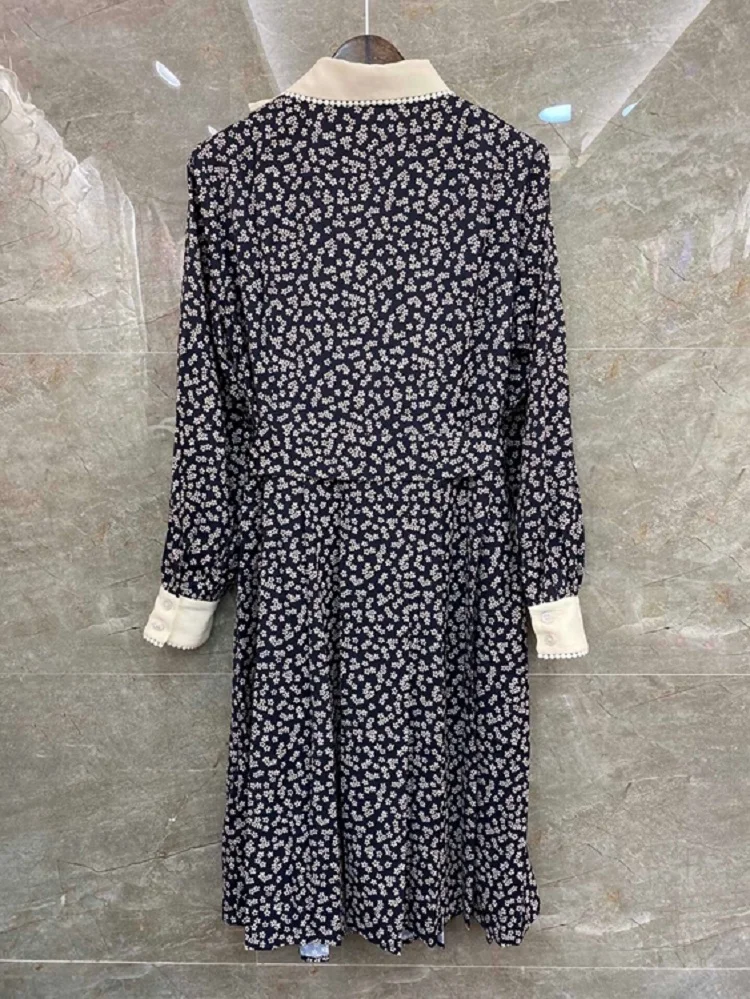 

Dress 2021 Silk Spring Summer Fashion Runway Style Women Peter Pan Collar Elegant Little Floral Print Ruffle Deco Vintage Dress