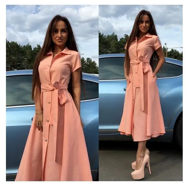 Женское винтажное платье с высокой талией розовое повседневное длинное