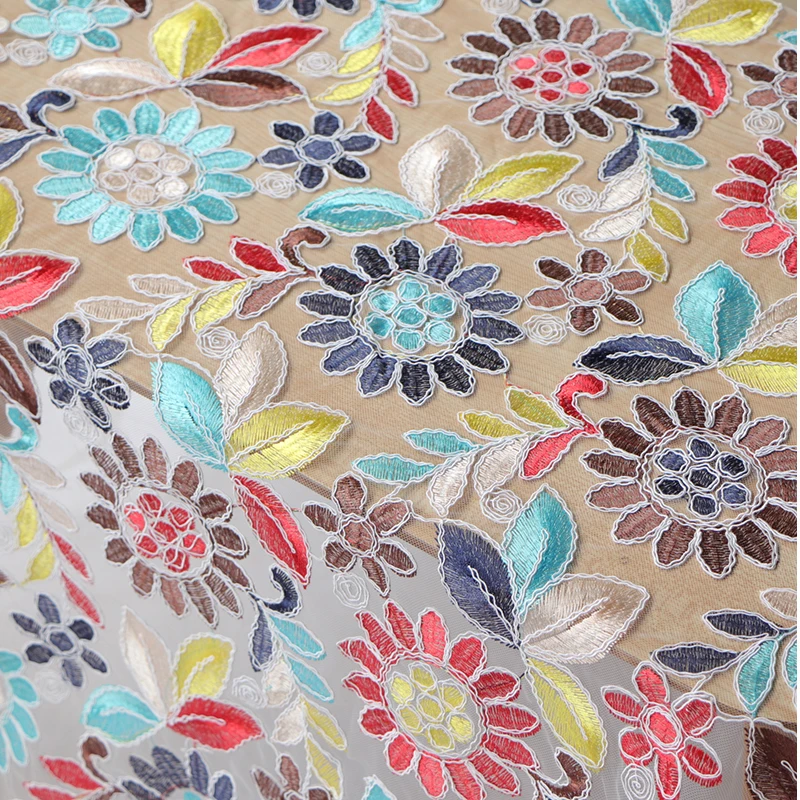 

High quality mesh lace fabric Three dimensional embroidery with colorful sunflower tissu High grade clothing accessories sewing
