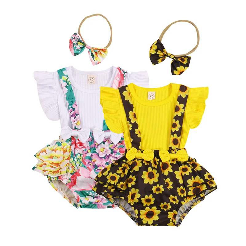 

Комплект одежды для новорожденных девочек 3 шт., футболка с круглым вырезом и рукавами-фонариками + штаны на подтяжках с цветочным принтом + п...