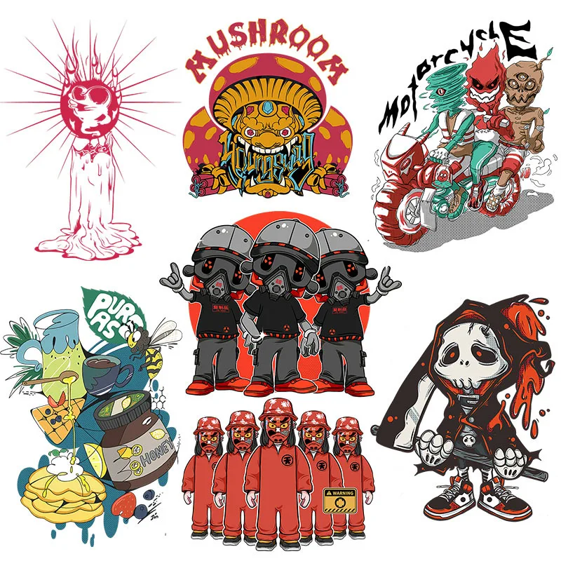 

Punk style Cool fire brigade Heat Transfer Vinyl Washable Patches Cartoon imp Stickers Iron on for Clothes DIY T-shirt Decorate
