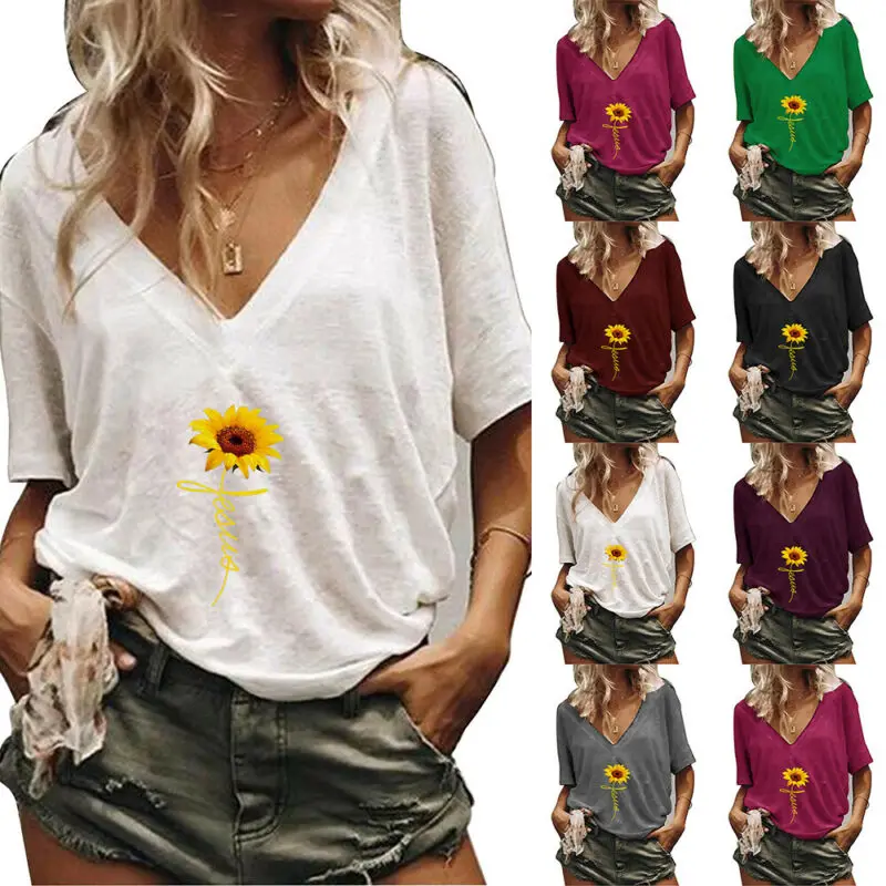 

Летняя женская футболка с коротким рукавом и с принтом в виде подсолнухов повседневные свободные женские футболки