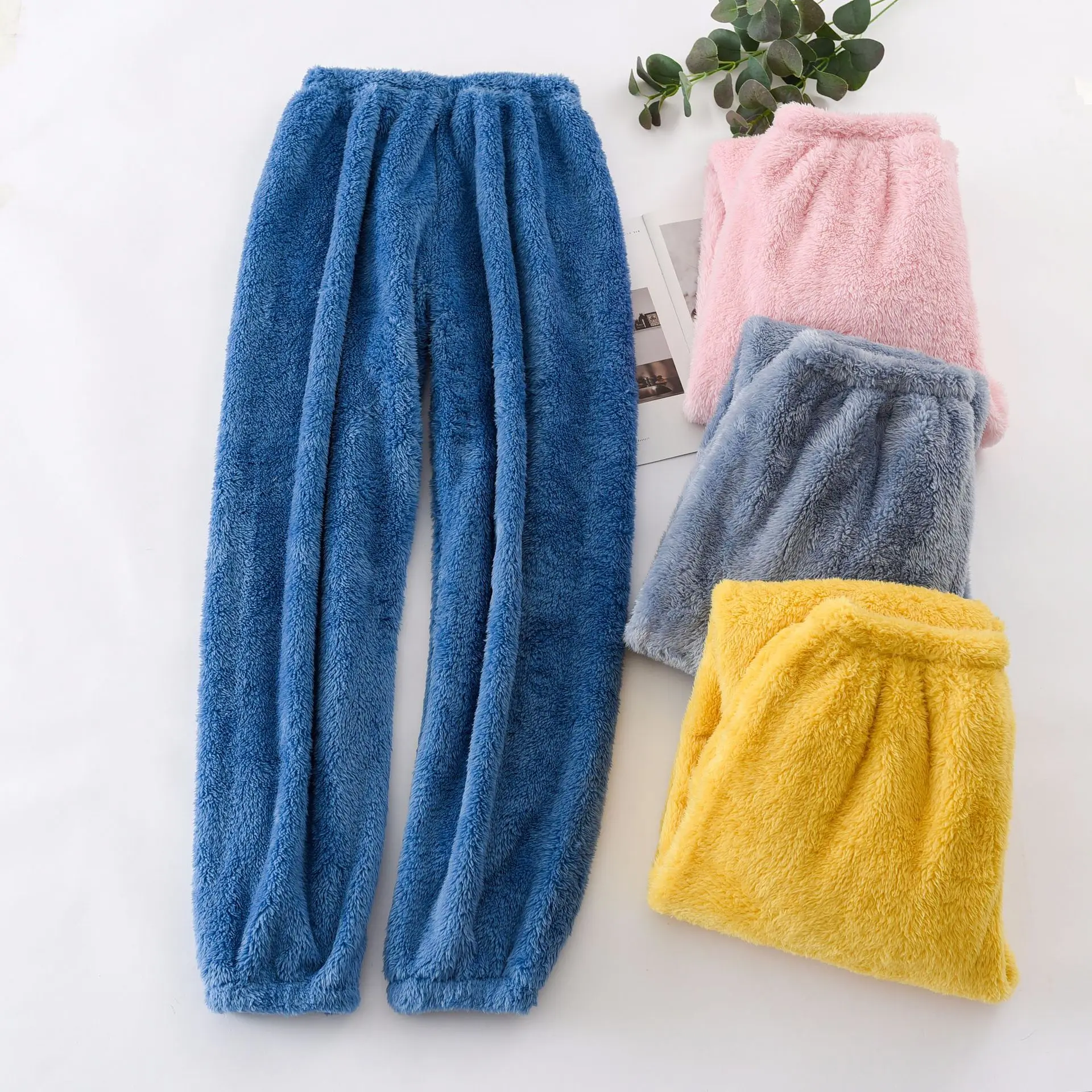 

Pajama Pants Women's Autumn and Winter Plus Velvet Thickening Loose Trousers Elastic Waist Coral Velvet Candy Color Home Pants