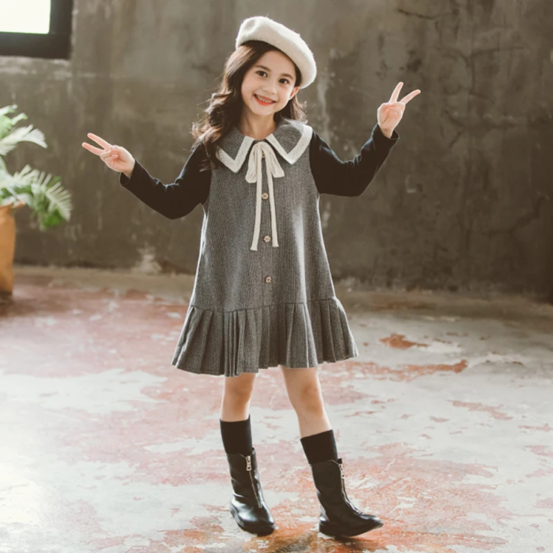 

Autumn New Cute Baby Girls Dresses Doll Collar Cotton Long Sleeve Patchwork Fashion Kids Clothes Preppy Style Children Outfits