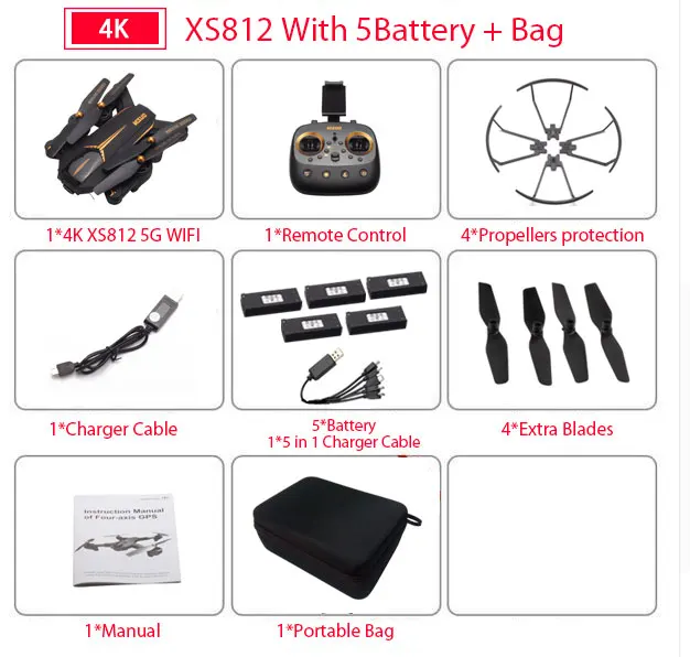 4K 5B with Bag VISUO XS812 gps Радиоуправляемый Дрон с камерой 4K HD 5G wifi FPV удерживающий высоту один ключ возврат Радиоуправляемый квадрокоптер Вертолет VS XS809S E58 E502S - Цвет: 4K 5B with Bag