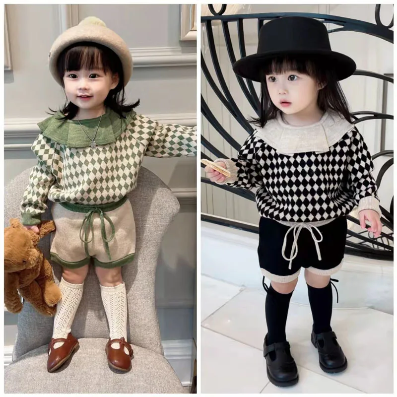 

Женский комплект одежды 2021, клетчатый пуловер в шахматную клетку, вязаный свитер и шорты, модная одежда