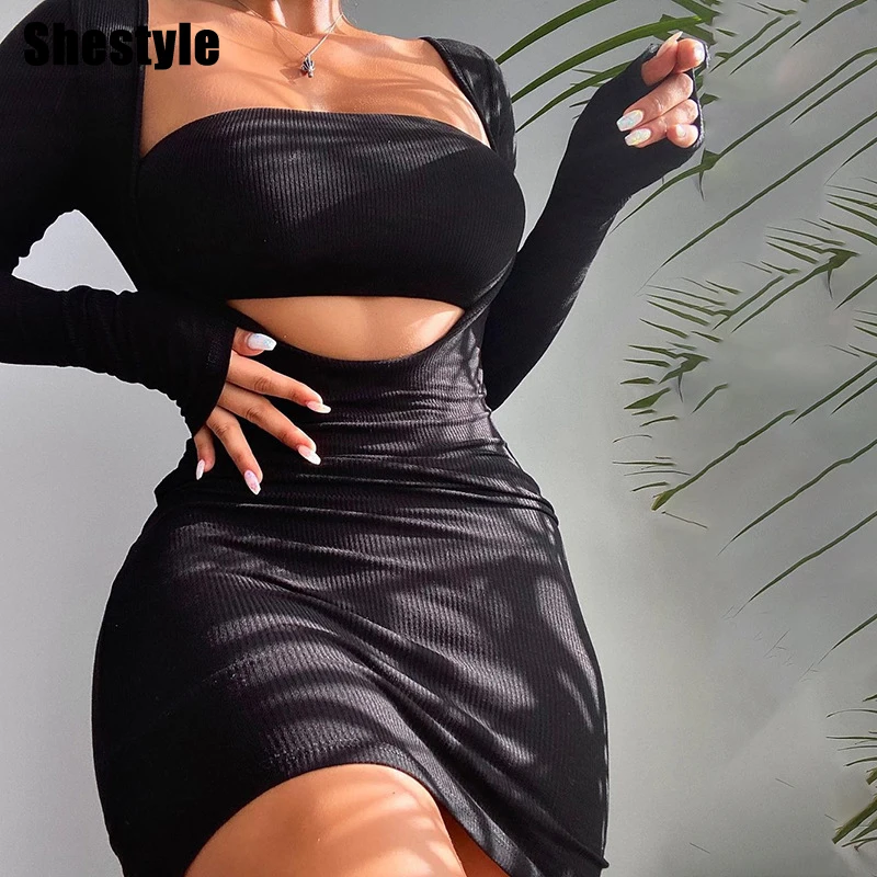 

Shestyle Chest Wrapping Bodycon Dress Women Sheath Black Square Neck Knitting Long Sleeve Solid Stylish Dresses Clubwear