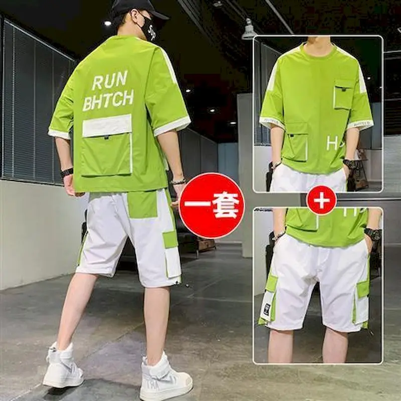 

2021 Summer New Men's Suits Handsome Casual Running Sports Short-sleeved Suit T-shirt Short Pants Two Piece Set Clothes for Men