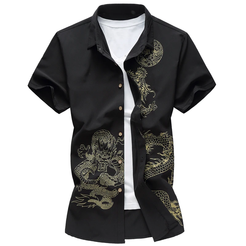 Plus Size M-5XL 6XL 7XL Shirt For Men's Short Sleeves 2023 Summer Stretwear Fashion Casual Clothing Dragon Printed Shirts Men