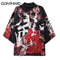 gonthwid japanese samurai girl floral print kimono cardigan shirts streetwear men harajuku hip hop casual summer jackets tops