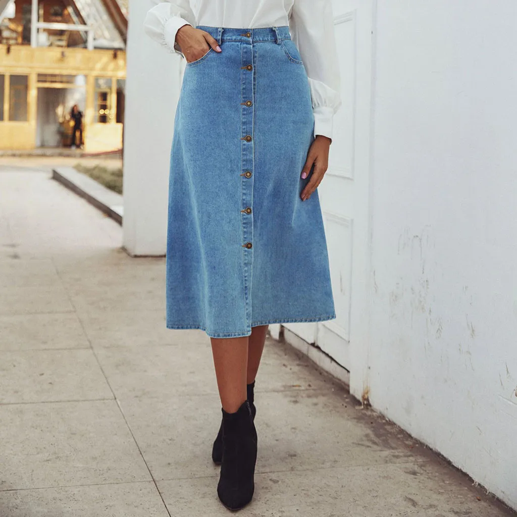 Женская летняя джинсовая повседневная Юбка на пуговицах с карманом Юбки