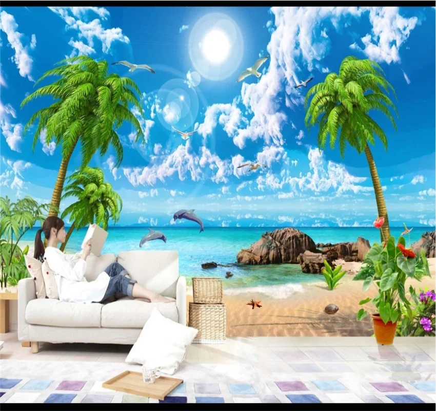 Индивидуальные обои 8d HD красивые мечты вид на море кокосовое дерево пляжный