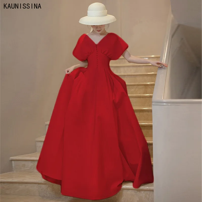 

KAUNISSINA A-Line Wedding Dresses Satin Butons V-Neck Short Sleeve Princess Vintage Bridal Gown Vestidos De Noiva Marriage Dress