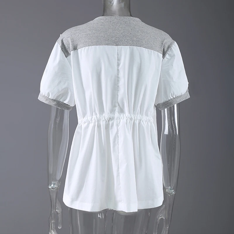 

[EAM] Women Black Casual Drawstring Embroidery Back Long T-shirt Round Neck Short Sleeve Fashion Tide Spring Summer 2021 1DD9168
