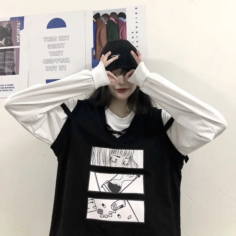 

2021 New Spring Women Vest Oversize harajuku Cartoon print Plus size Fashion casual style Vest female Black vests