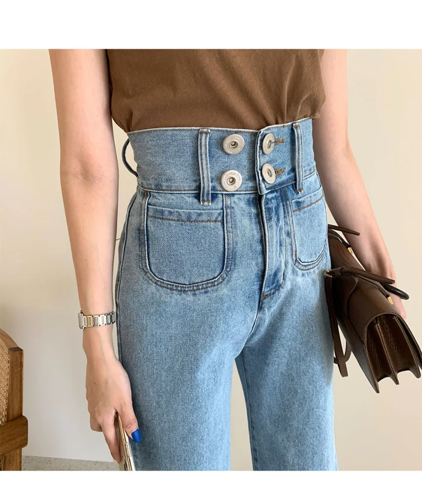 

Korean Chic All-Match Simple Elegant High Waist Straight-Leg Frayed Hem Cropped Pants All-Matching Fashion Wide Leg Jeans