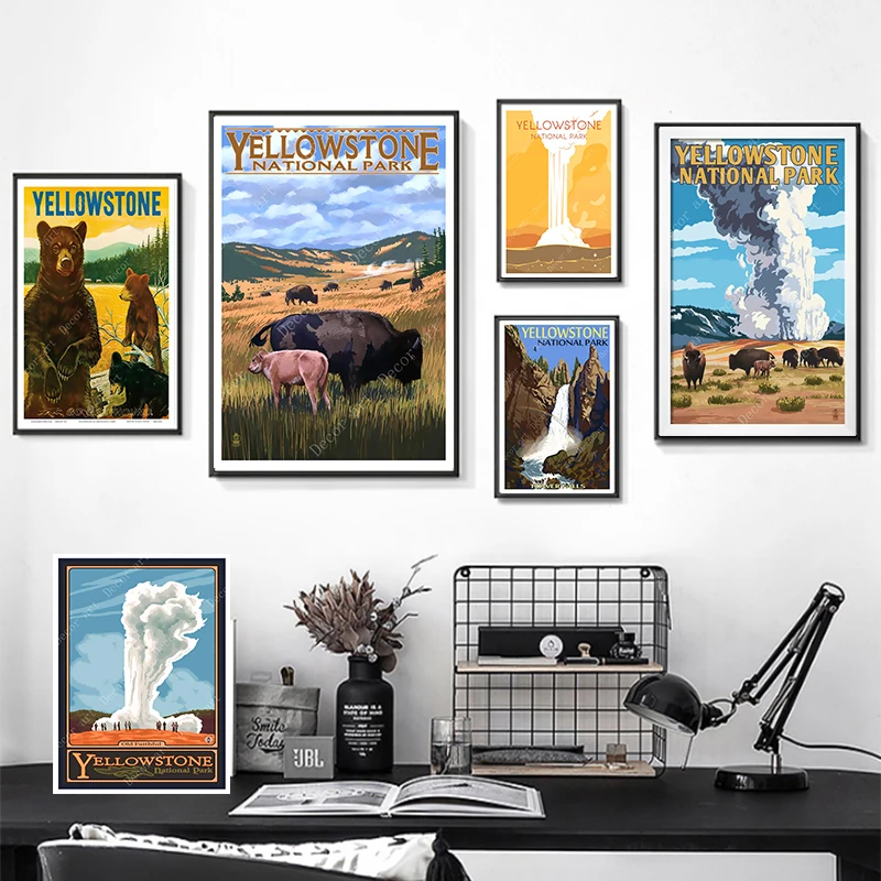 Американский Йеллоустоун национальный парк дорожные холщовые картины винтажный