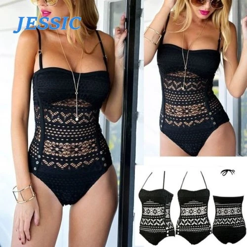 JESSIC Женский цельный купальник размера плюс сексуальный черный однотонный боди