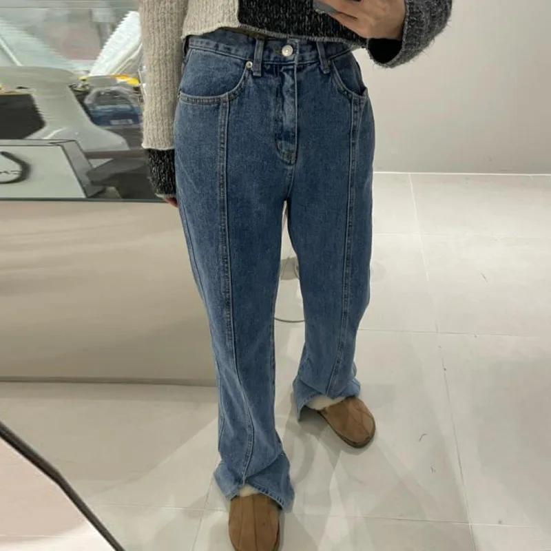 

ZCSMLL Korean Chic Casual High Waist Zipper Button Double Pocket Contrast Color Open-stitch Wide-leg Jeans Trousers Women