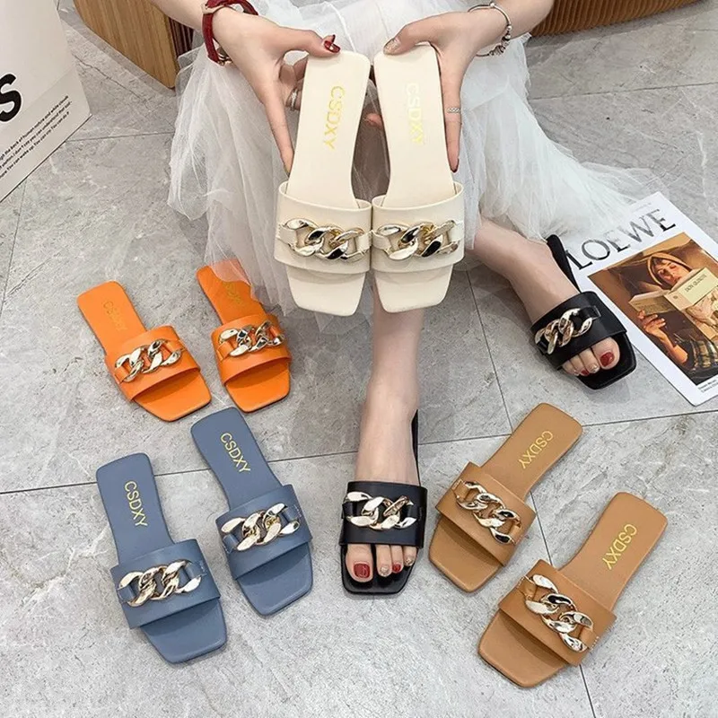 Women Slippers Metal Chain Design Charm Open-toe Set Foot Summer Beach Sandals Ladies Outdoor Flat Slides Casual Women Shoes