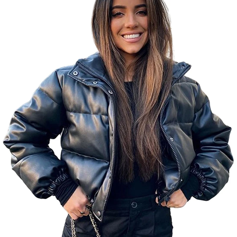 

Winter Thick Women Short Parkas Warm Jackets PU Leather Coats Black Cotton Padded Female Down Jacket Elegant Lady Zipper Clothes