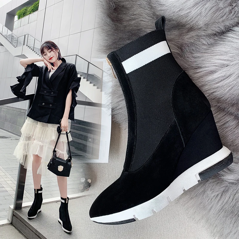 Женские ботильоны на платформе черные замшевые ботинки резиновой подошве с