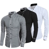 office style men stand collar long sleeve henry collar slim fit pure colors solid business shirts male button down shirts