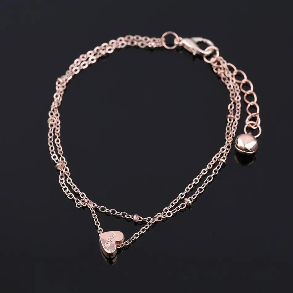 Fashion Rose Gold Double Layer Anklet Heart Shape Charm Anklets For Women Leg Bracelet Chain Beach Foot Jewelry | Украшения и