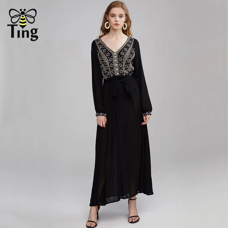 Tingfly свободный стиль вышивка хлопок и лен Макси Бохо повседневное платье в