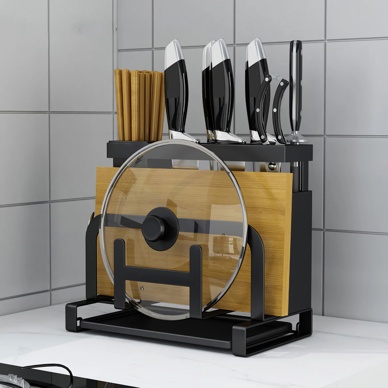 

Kitchen Desktop Storage Rack Knife Block Cutting Board Chopper Holder With Drainboard Drying Rack Countertop Sink Caddy