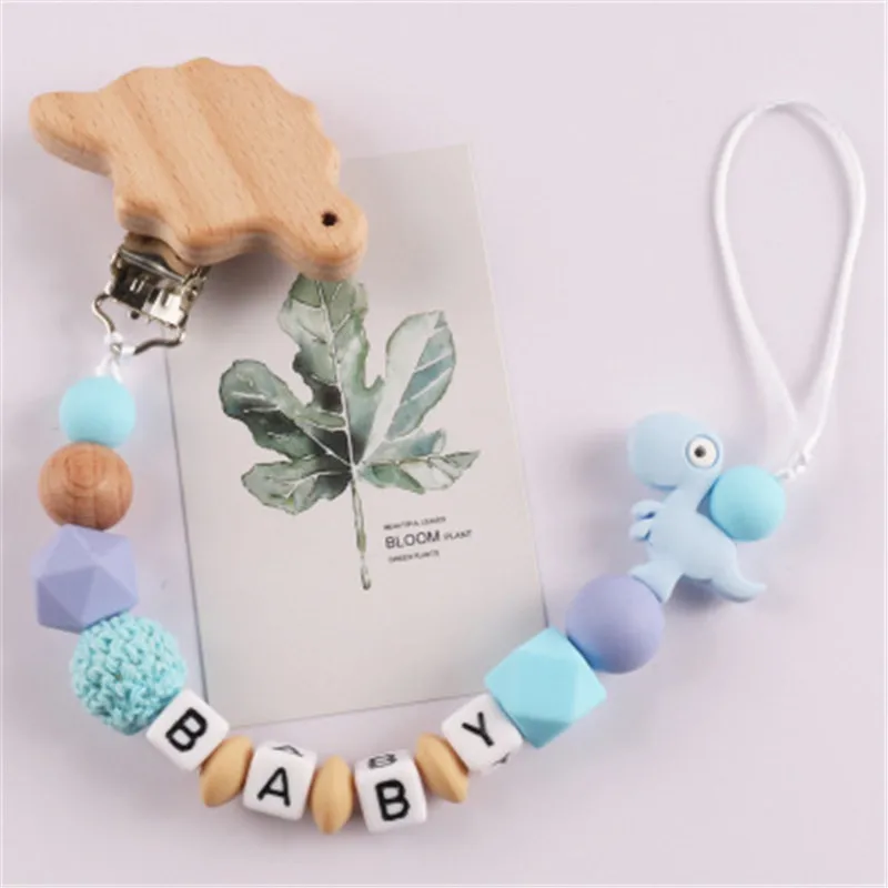 

1Pcs Silicone Baby Pacifier Custom Personalised Name Silicone Pacifier Clips Natural Beech Blue Dinosaur Silicone Crochet Beads