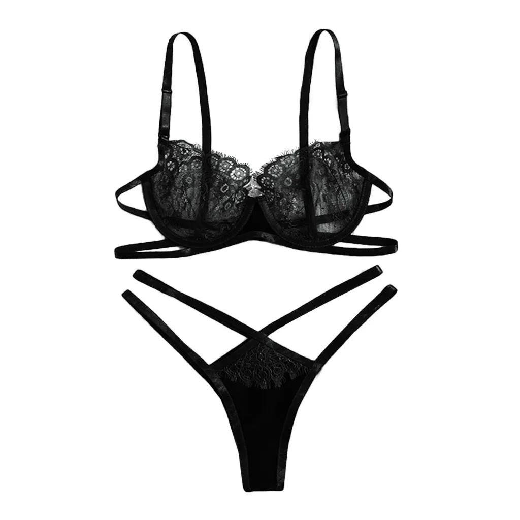 

Fashion Sexy Women Lingerie Nightgown Casual Lady Sexy Women Eyelash Lace Wireless Bra Sexy Lingerie Briefs Thong Set Underwear